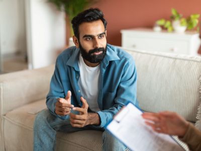 A man discusses his medical history during EMDR in Bend OR